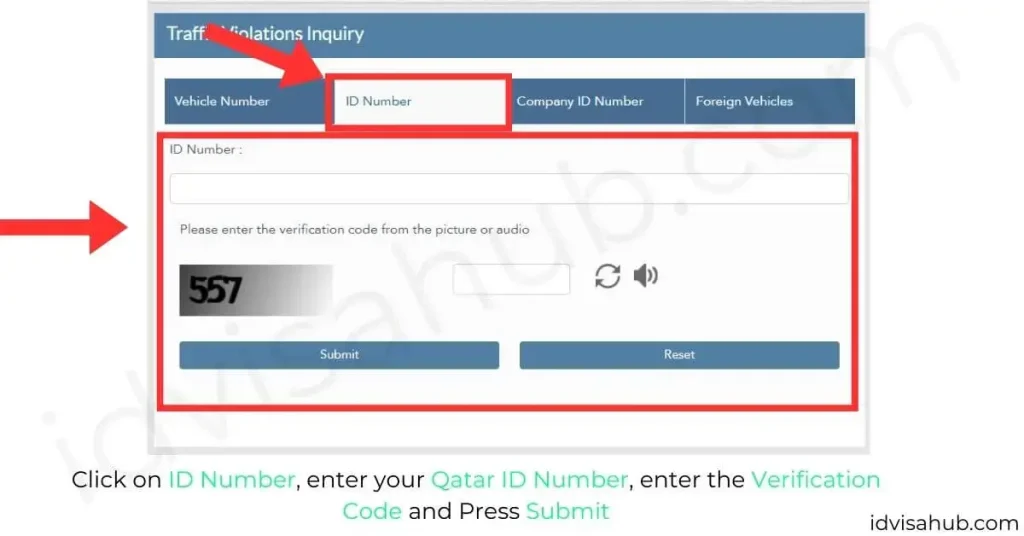 Click on ID Number, enter your Qatar ID Number, enter the Verification Code and Press Submit