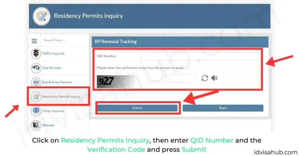 Click on Residency Permits Inquiry, then enter QID Number and the Verification Code and press Submit