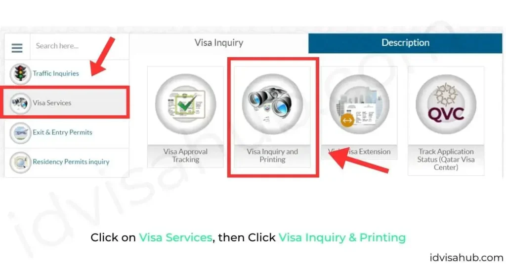 Click on Visa Services, then Click Visa Inquiry & Printing
