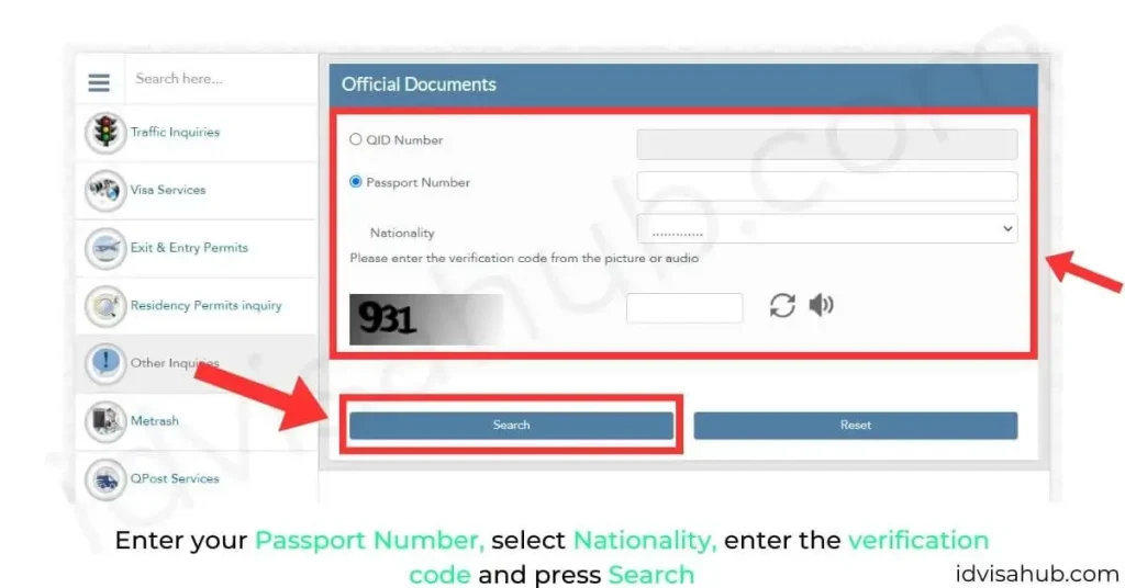 Enter your Passport Number, select Nationality, enter the verification code and press Search