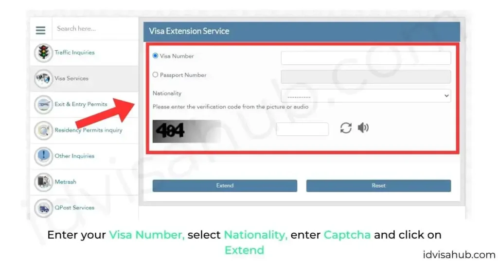 Enter your Visa Number, select Nationality, enter Captcha and click on Extend