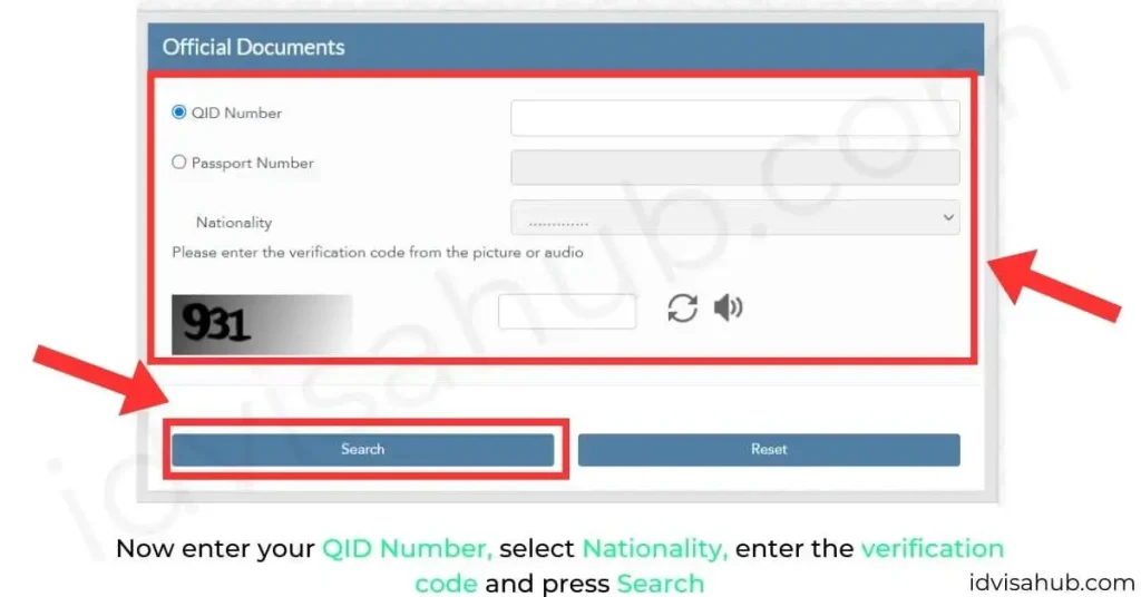 Now enter your QID Number, select Nationality, enter the verification code and press Search