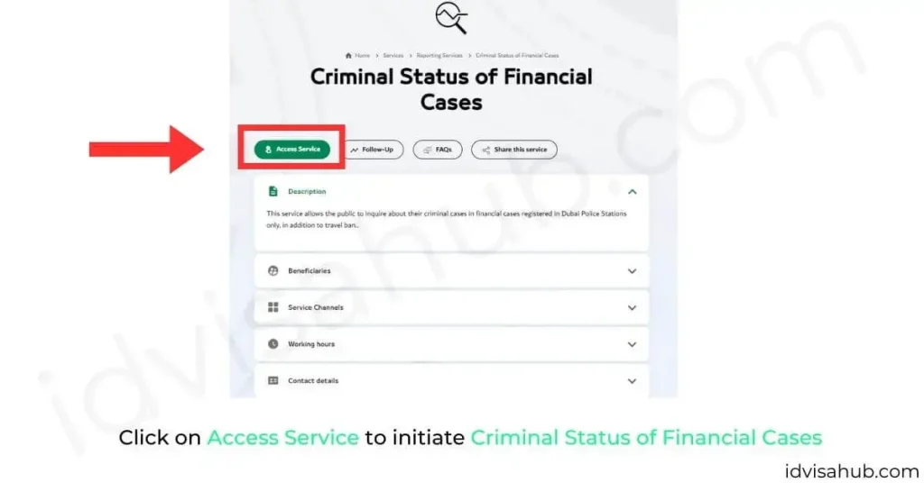 Click on Access Service to initiate Criminal Status of Financial Cases