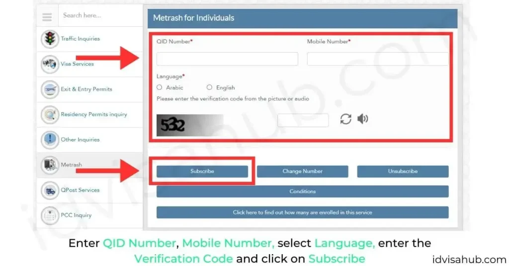 Enter QID Number, Mobile Number, select Language, enter the Verification Code and click on Subscribe