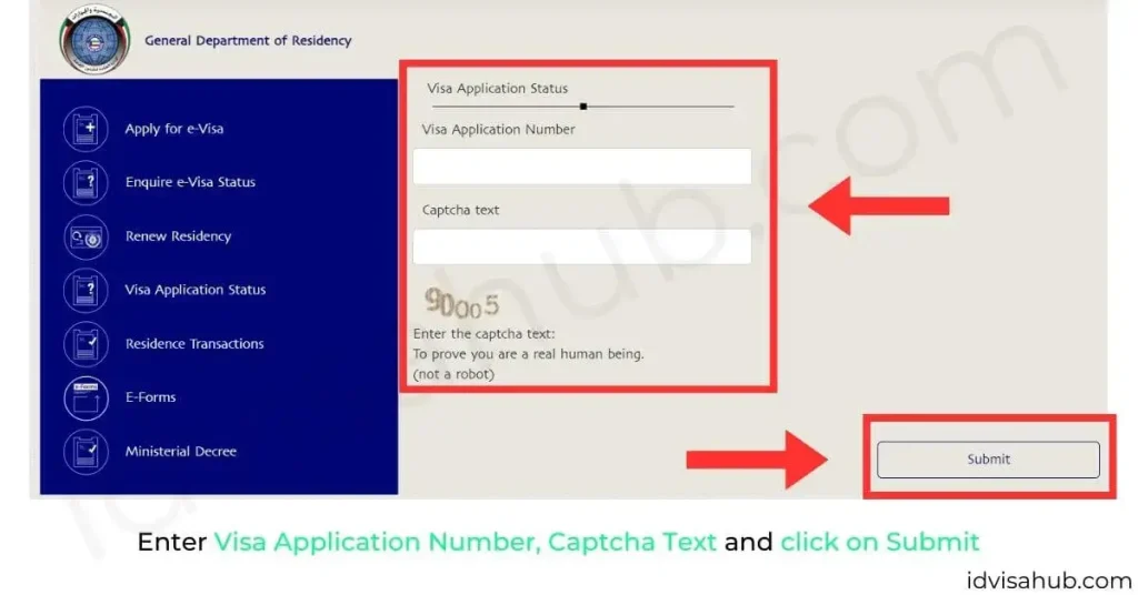 Enter Visa Application Number, Captcha Text and click on Submit