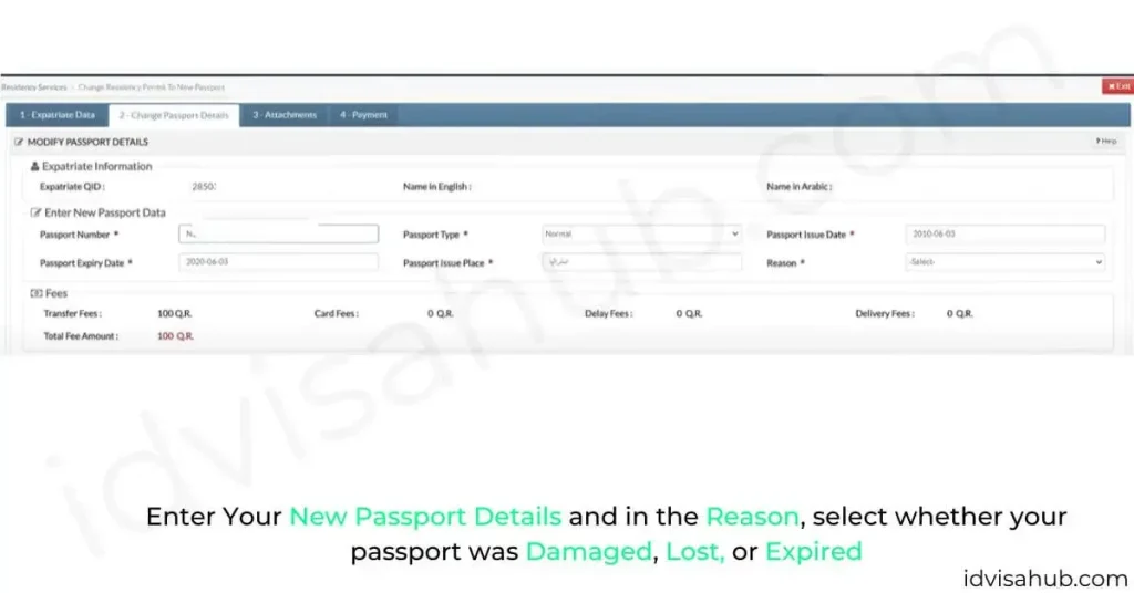 Enter Your New Passport Details and in the Reason, select whether your passport was Damaged, Lost, or Expired