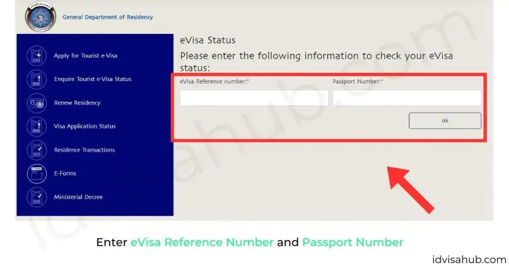 Enter eVisa Reference Number and Passport Number