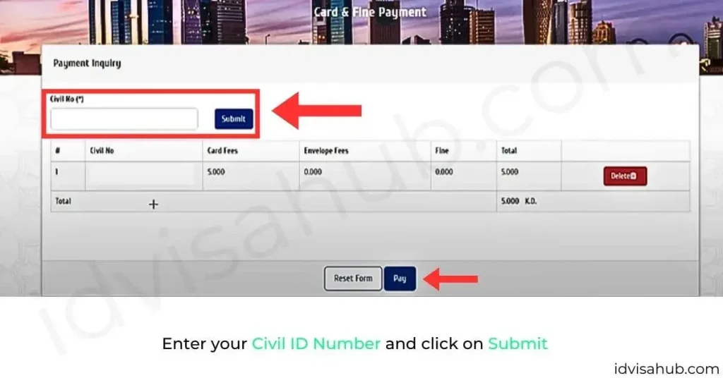 Enter your Civil ID Number and click on Submit