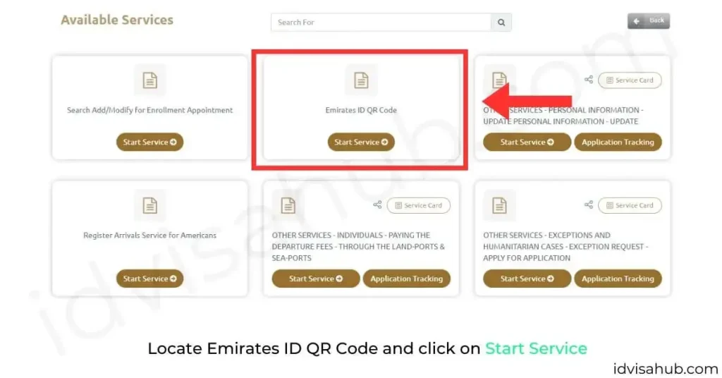 Locate Emirates ID QR Code and click on Start Service