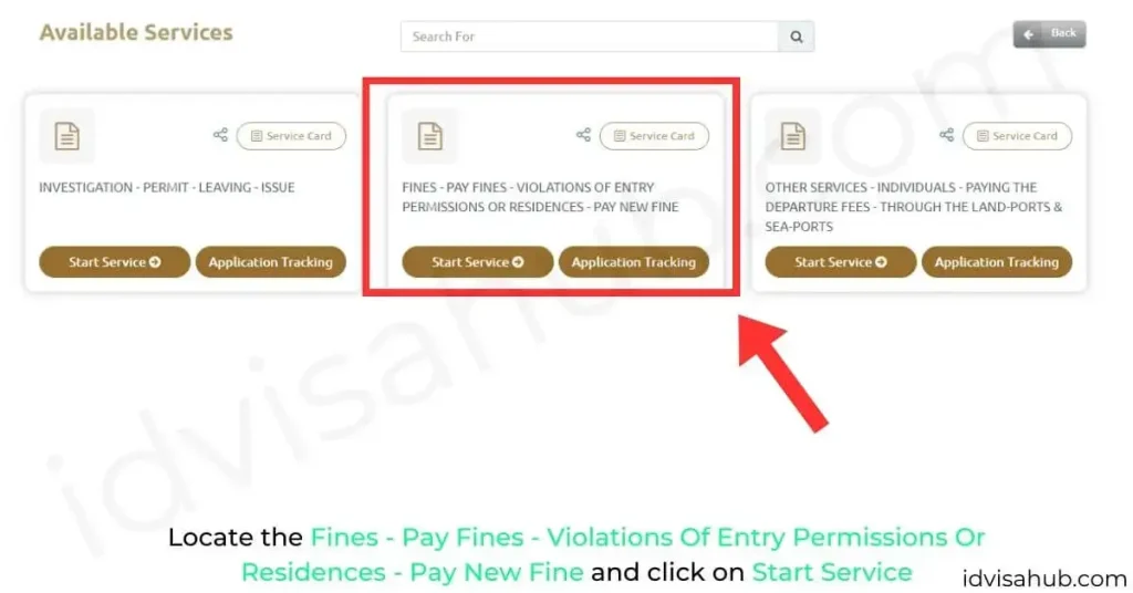 Locate the Fines - Pay Fines - Violations Of Entry Permissions Or Residences - Pay New Fine and click on Start Service
