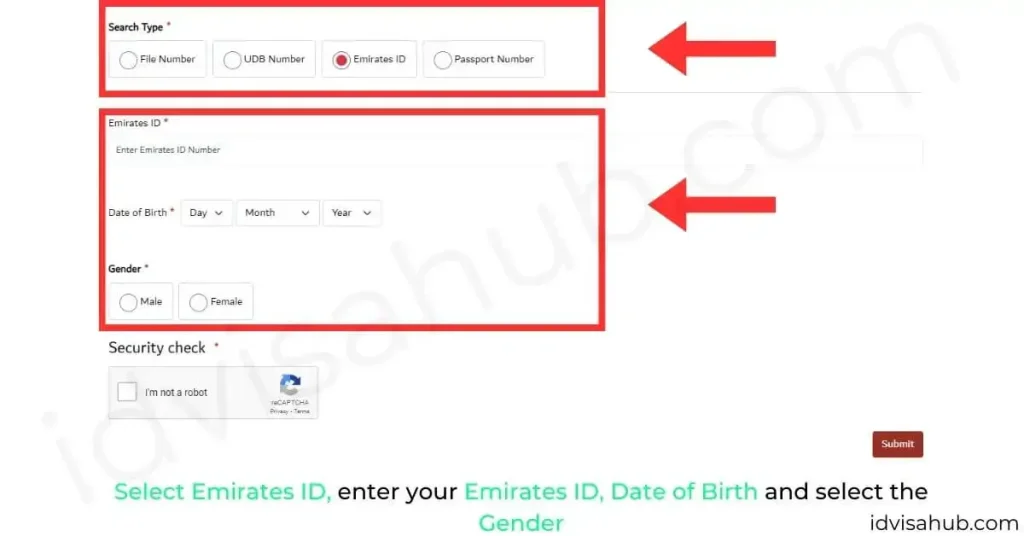 Select Emirates ID, enter your Emirates ID, Date of Birth and select the Gender