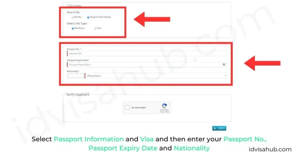 Select Passport Information and Visa and then enter your Passport No., Passport Expiry Date and Nationality