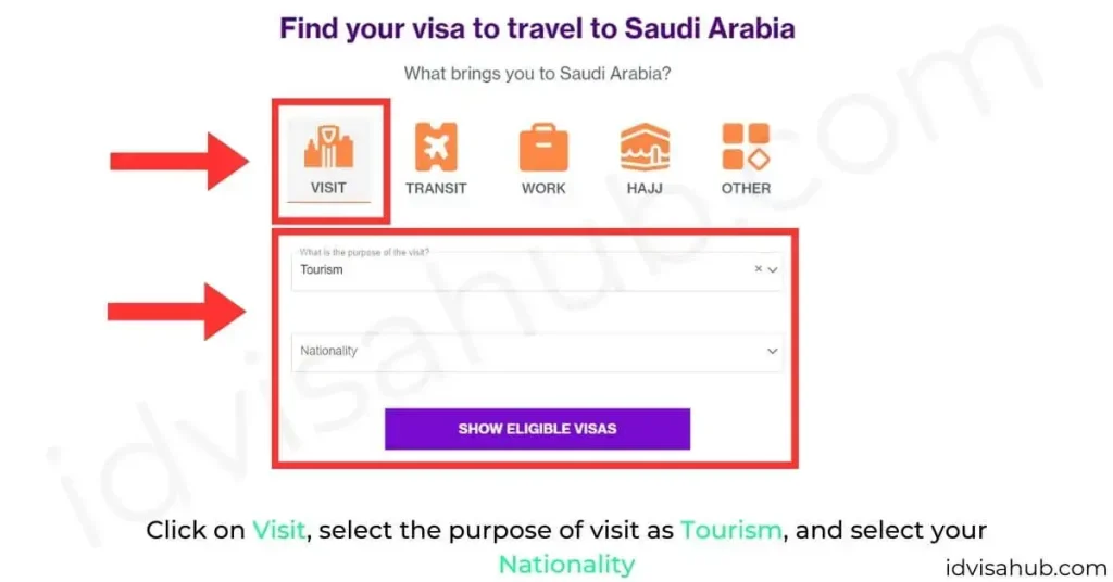 Click on Visit, select the purpose of visit as Tourism, and select your Nationality