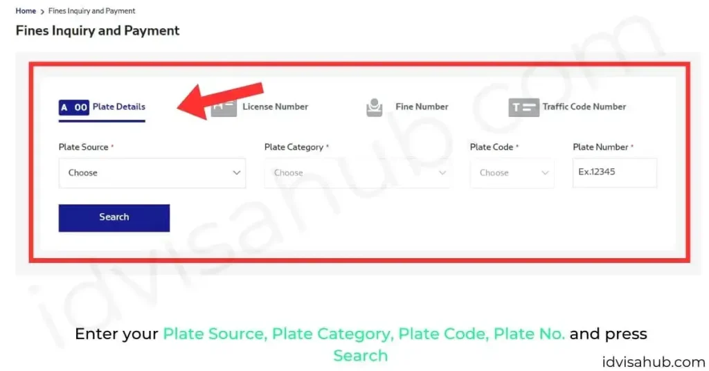 Enter your Plate Source, Plate Category, Plate Code, Plate No. and press Search