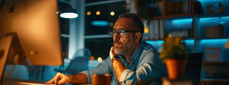 Man working late at his desk, reflecting on digital document management through advanced faxing software.