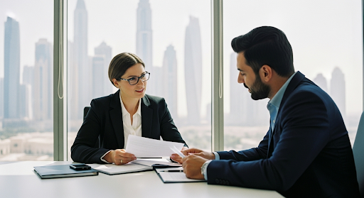 Golden visa consultancy UAE expert advising client on UAE golden visa application process in Dubai office