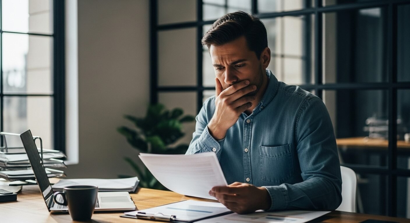 Expat reviewing suspicious Golden Visa consultancy contract with warning signs and concern