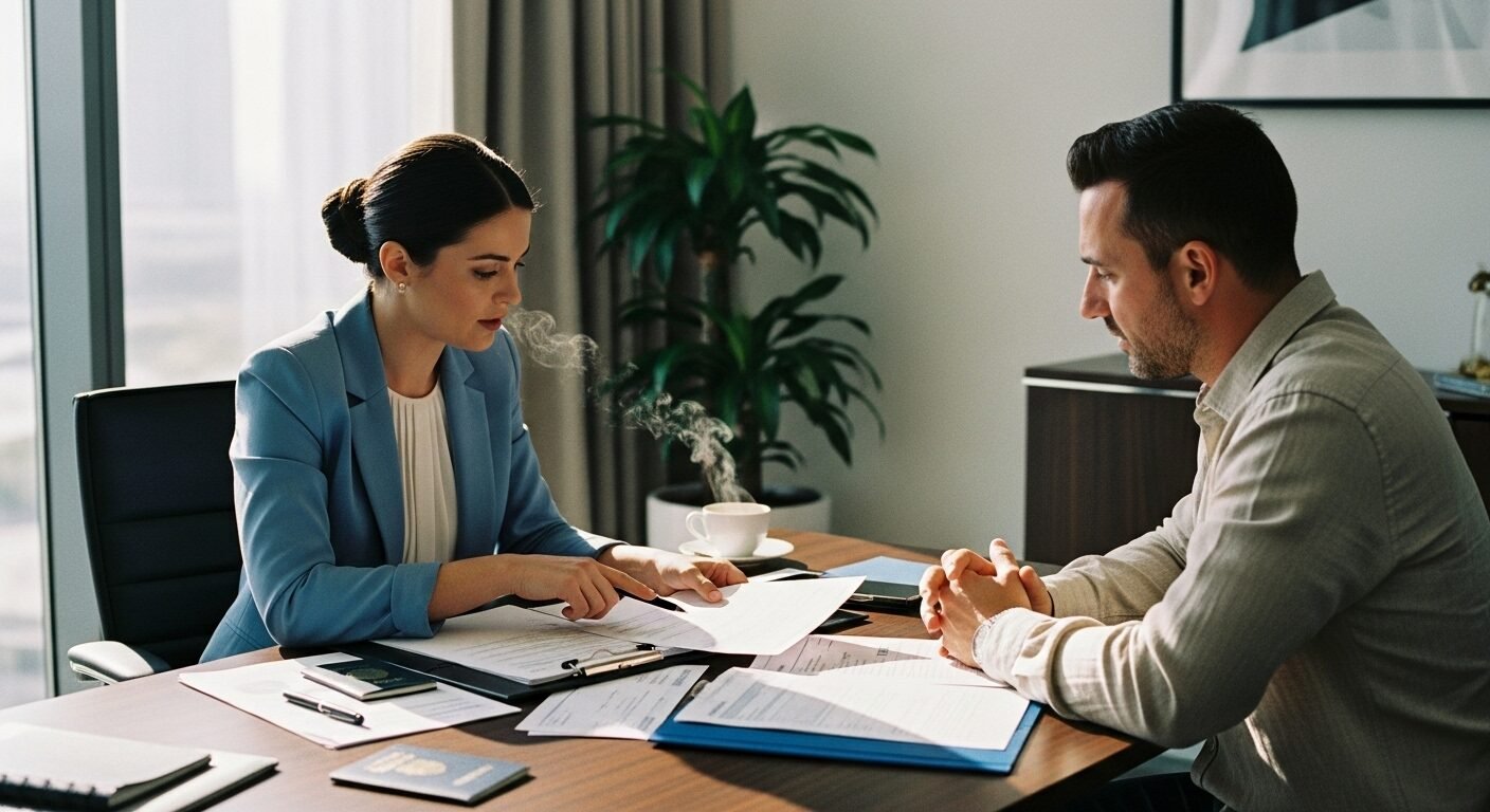 Professional Golden Visa consultant reviewing eligibility documents and long-term residency options with a client in UAE