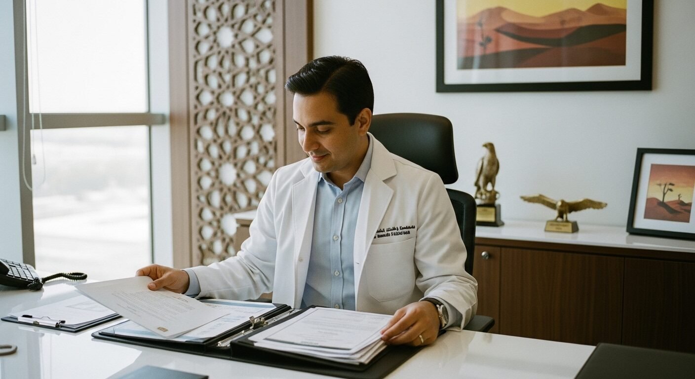 Doctor and researcher reviewing Golden Visa exceptional talent application documents in UAE